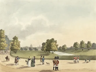 Vista en el parque de St. James de los Horse Guards y St. Pauls, tomada desde Buckingham House, grabado por Heinrich Joseph Schutz, publicado por la Galería Ackermann